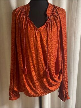 crown & ivy Rust Orange Leopard-Print Tie-Neck Blouse